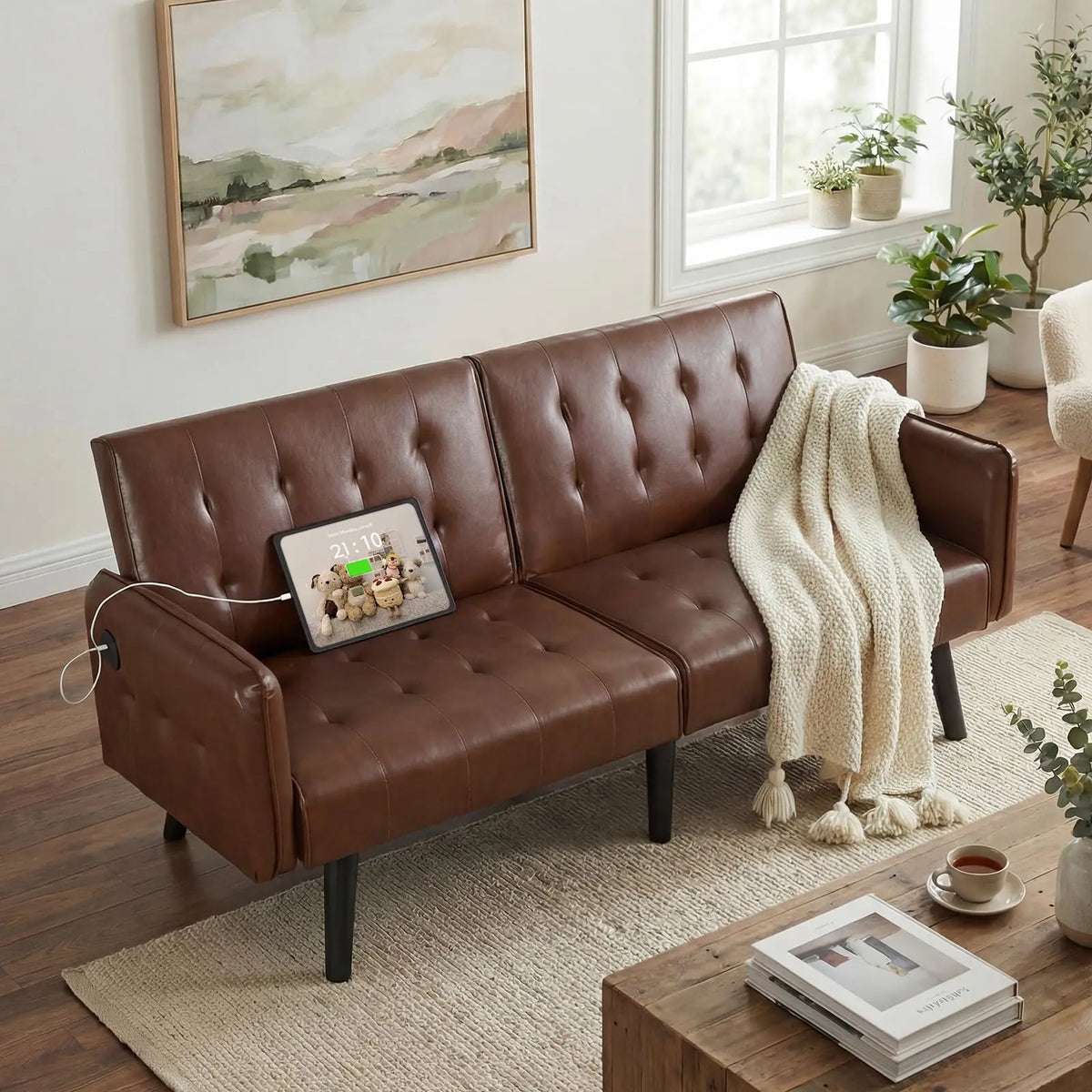 Modern Faux Leather Futon Sofa Bed Featuring Usb Ports Technology
