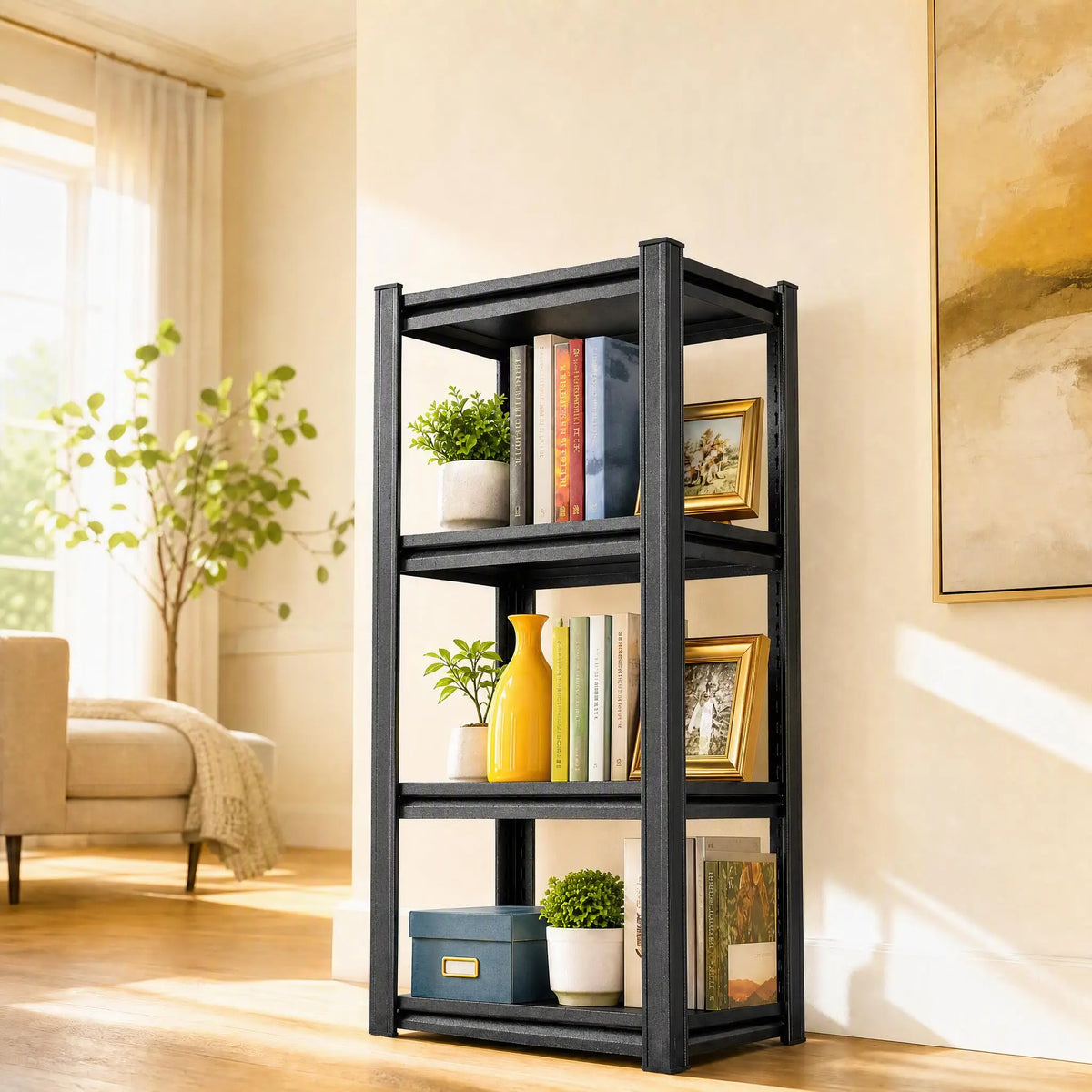 Bolt-Free Heavy-Duty Metal Bookshelf With Adjustable Shelves Anti-Tip Anchors