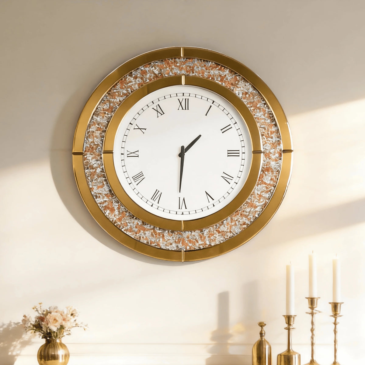 Decorative Mirrored Wall Clock With Silver Crushed Diamond Inlay
