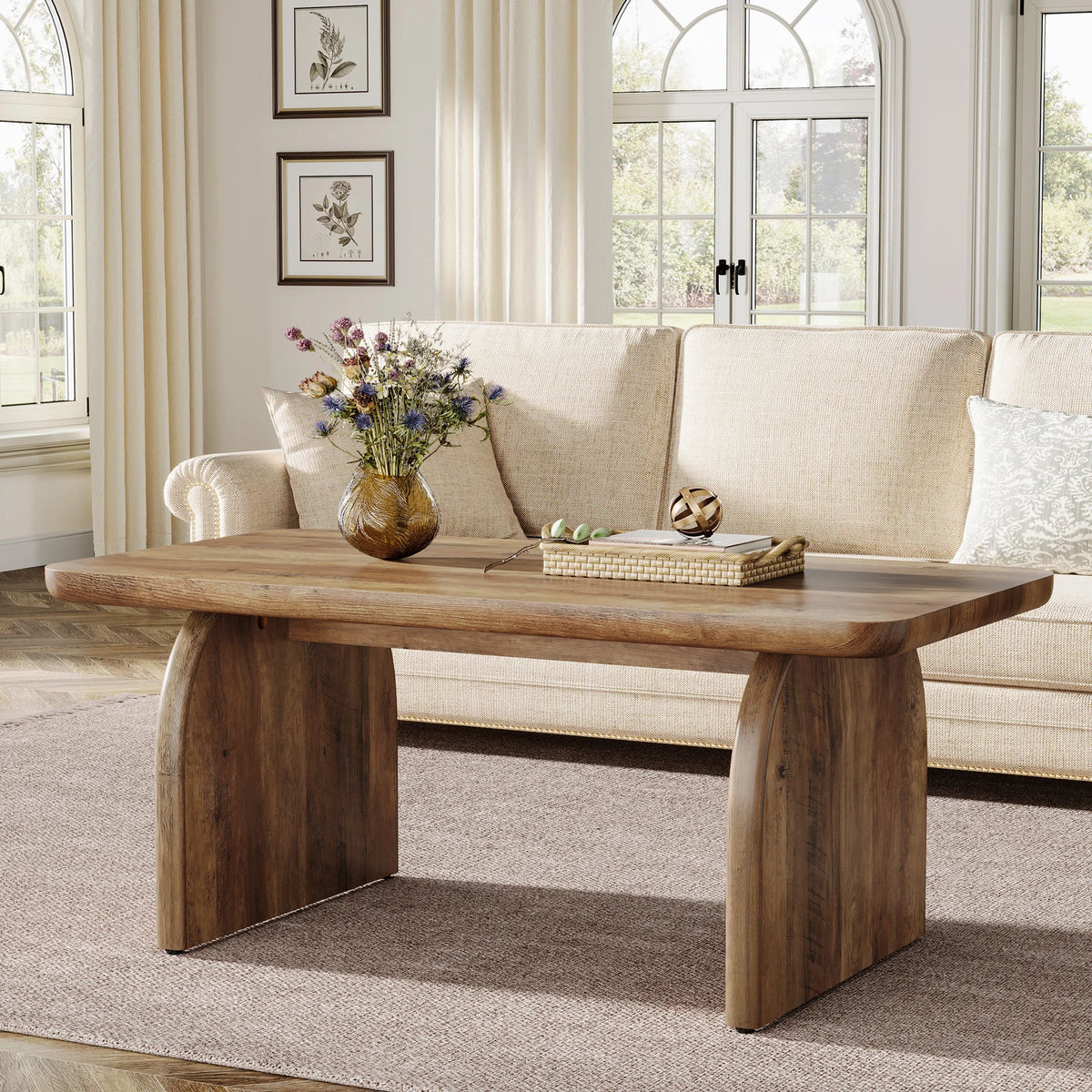 Tribesigns Farmhouse Rectangular Engineered Wood Coffee Table With Sturdy Base