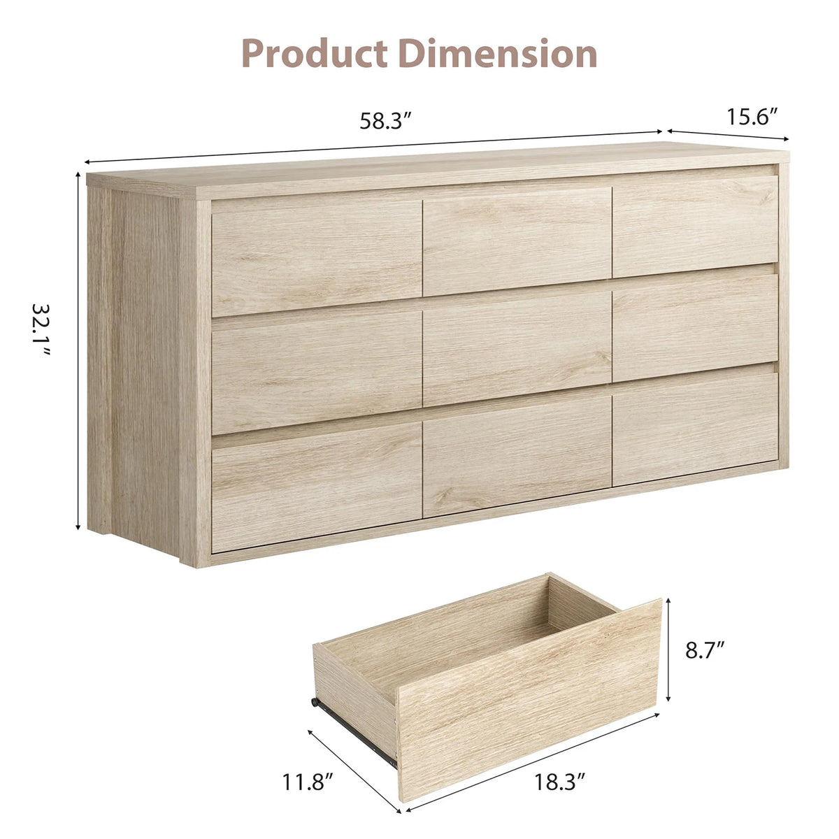 Acekool Modern Nine Drawer Wooden Chest Of Drawers
