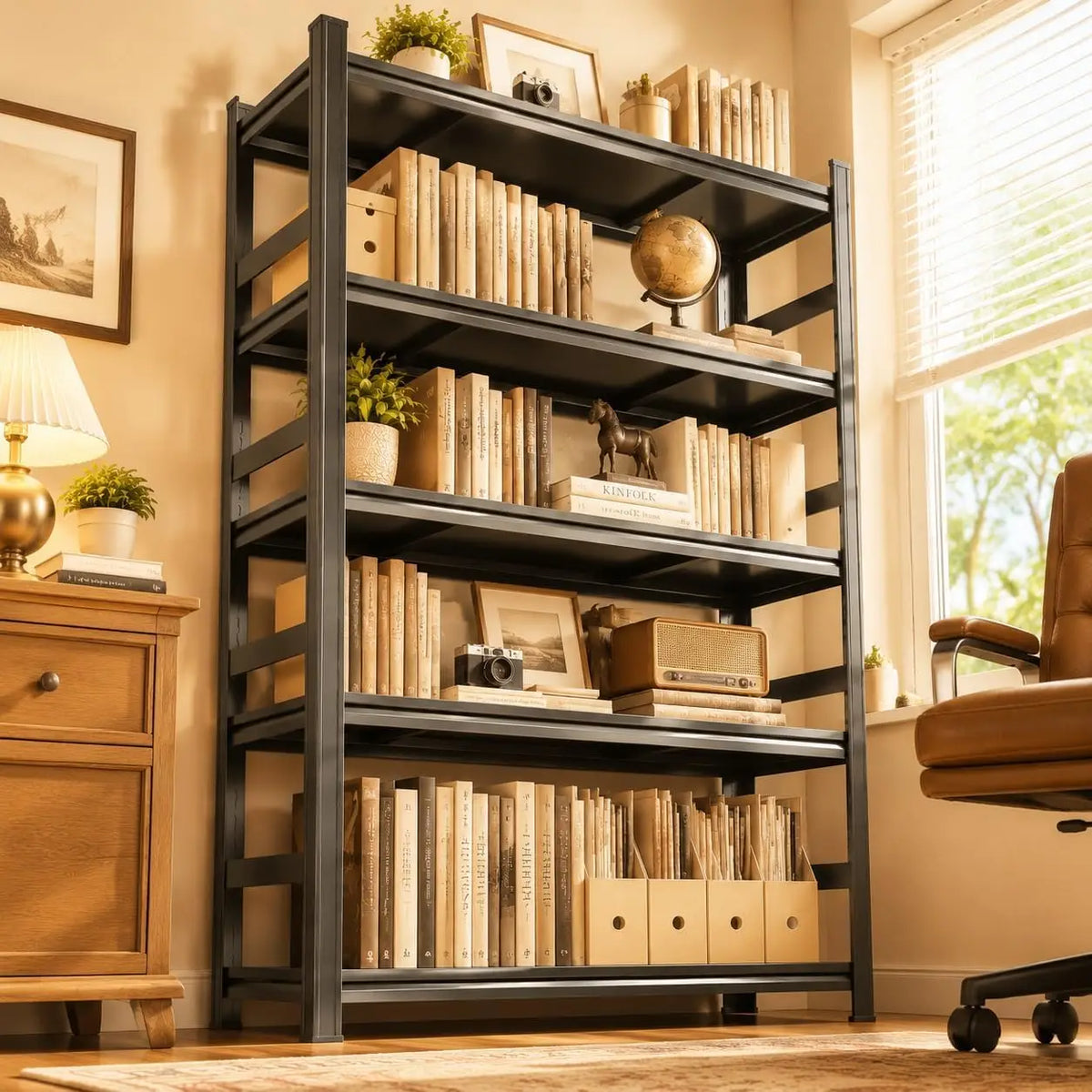 Bolt-Free Heavy-Duty Metal Bookshelf With Adjustable Shelves Anti-Tip Anchors