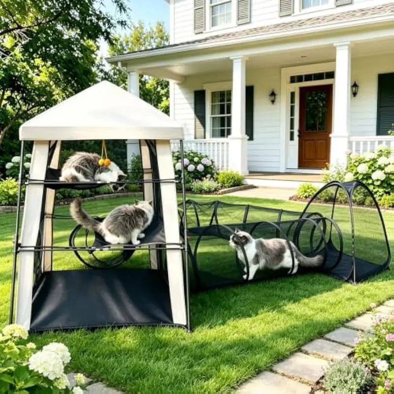 Outdoor Cat Playpen With Three Level Tent And Tunnel System