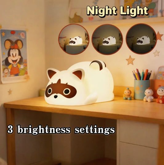 Portable Silicone Raccoon Night Light With Touch Control Rechargeable Battery