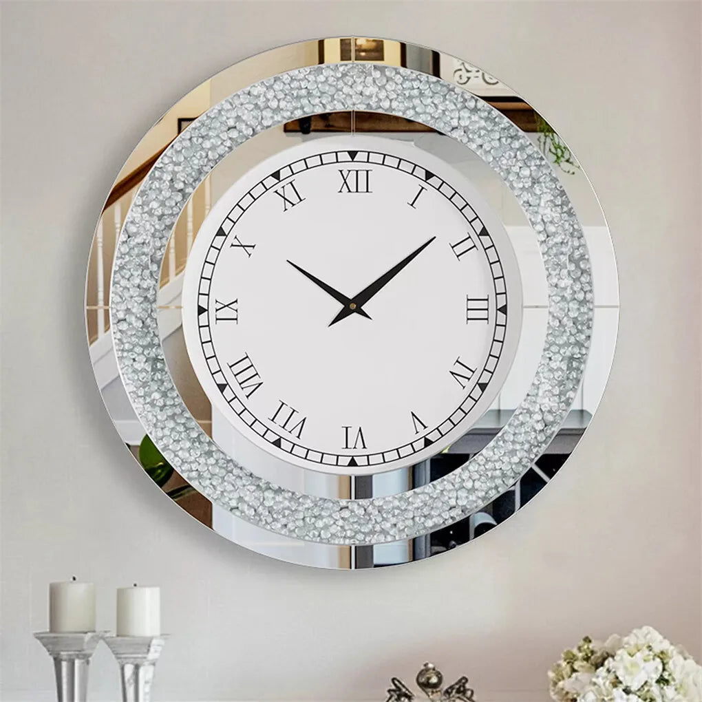 Decorative Mirrored Wall Clock With Silver Crushed Diamond Inlay