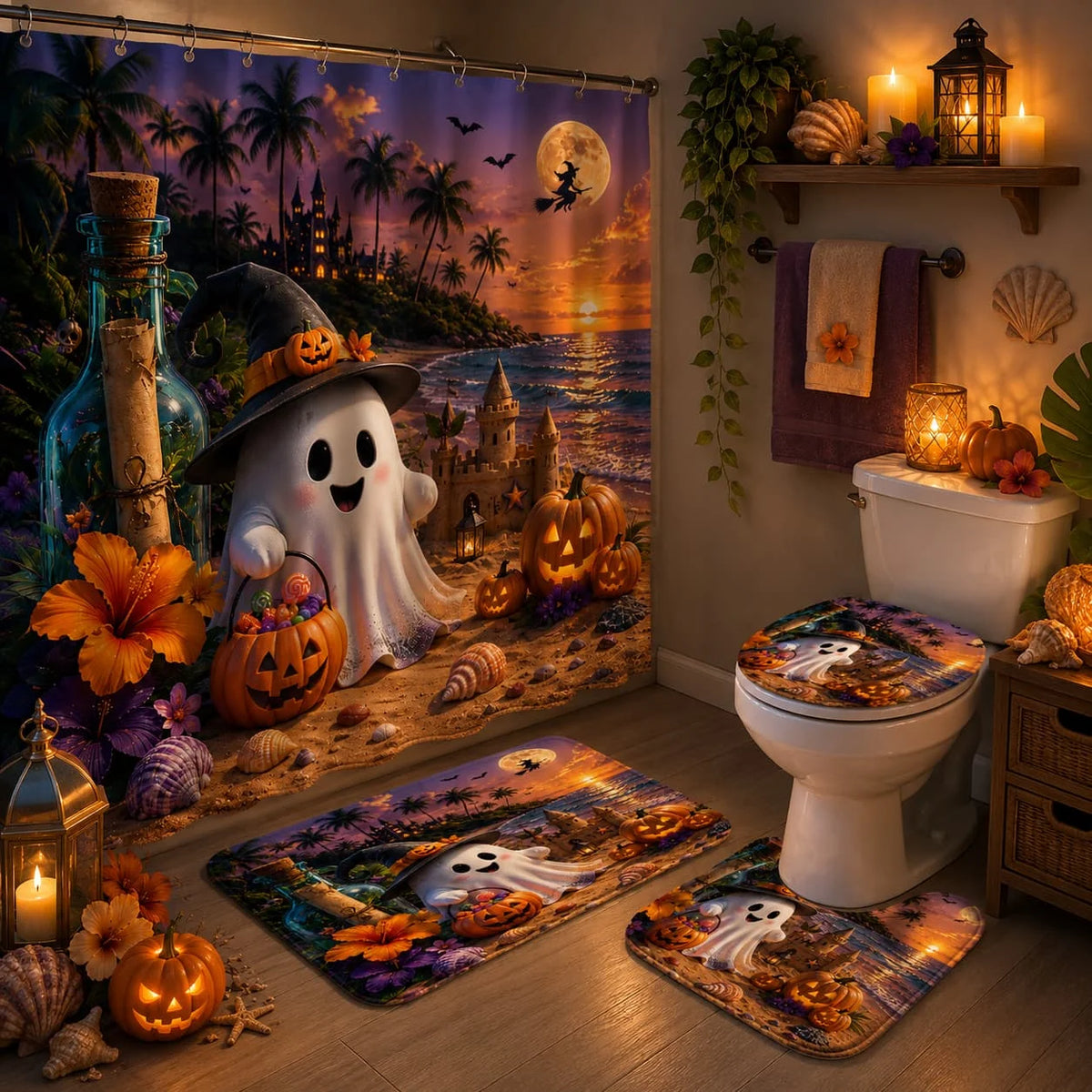 Tropical Halloween Ghost Shower Curtain Set With Hooks And Cover