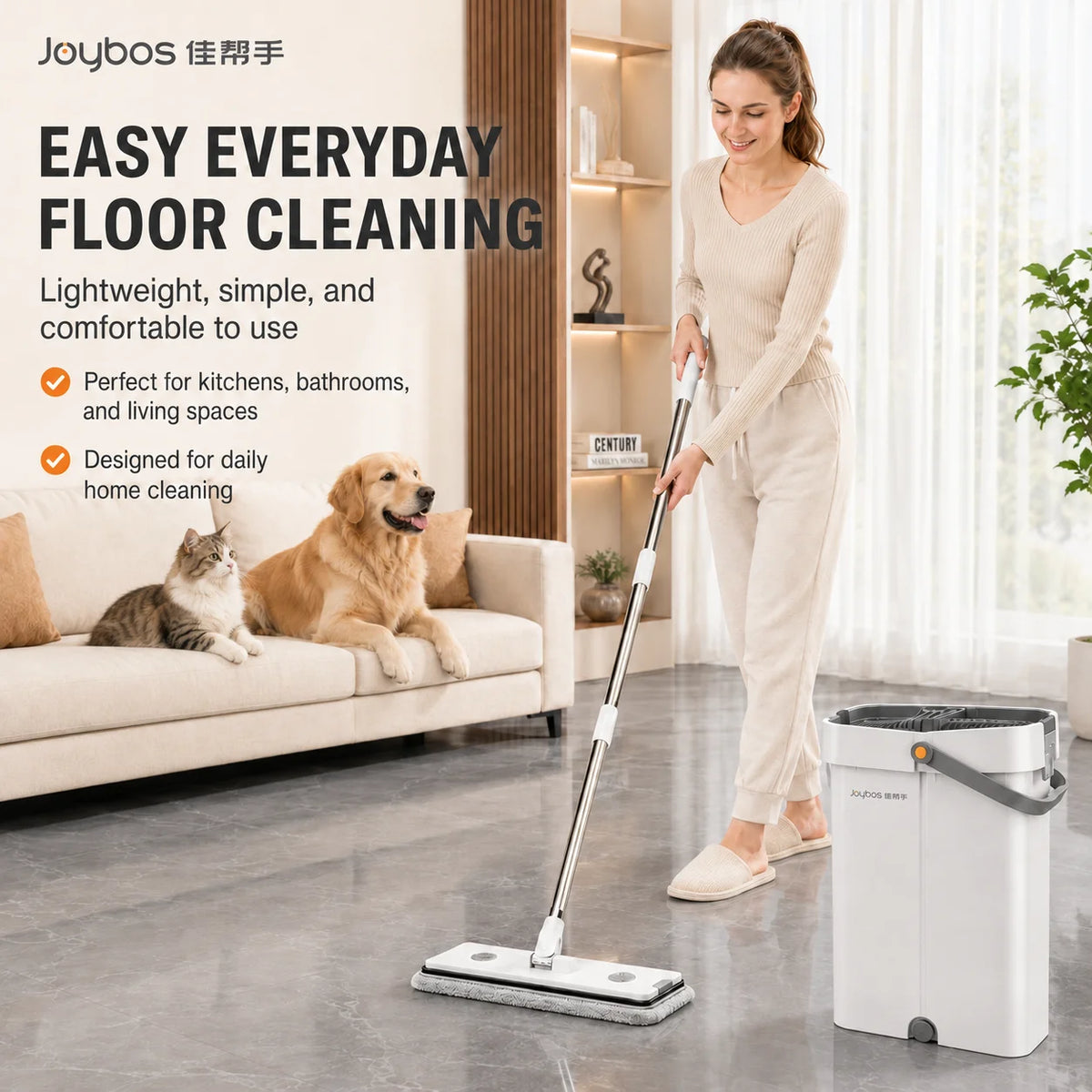 Joybos Hands Free Flat Mop Bucket System With Microfiber Pads