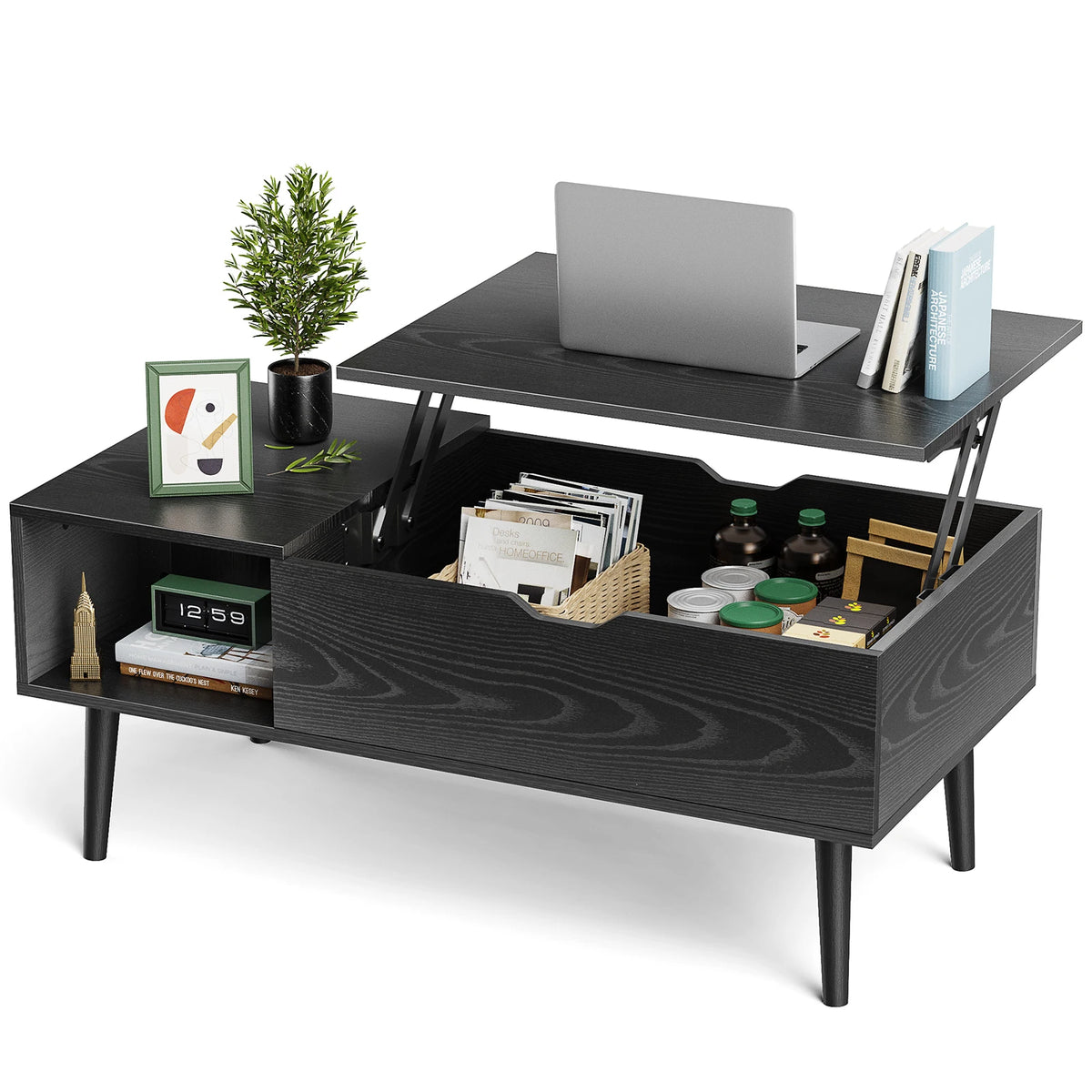 MCQ Wood Lift Top Coffee Table With Adjustable Storage Shelf