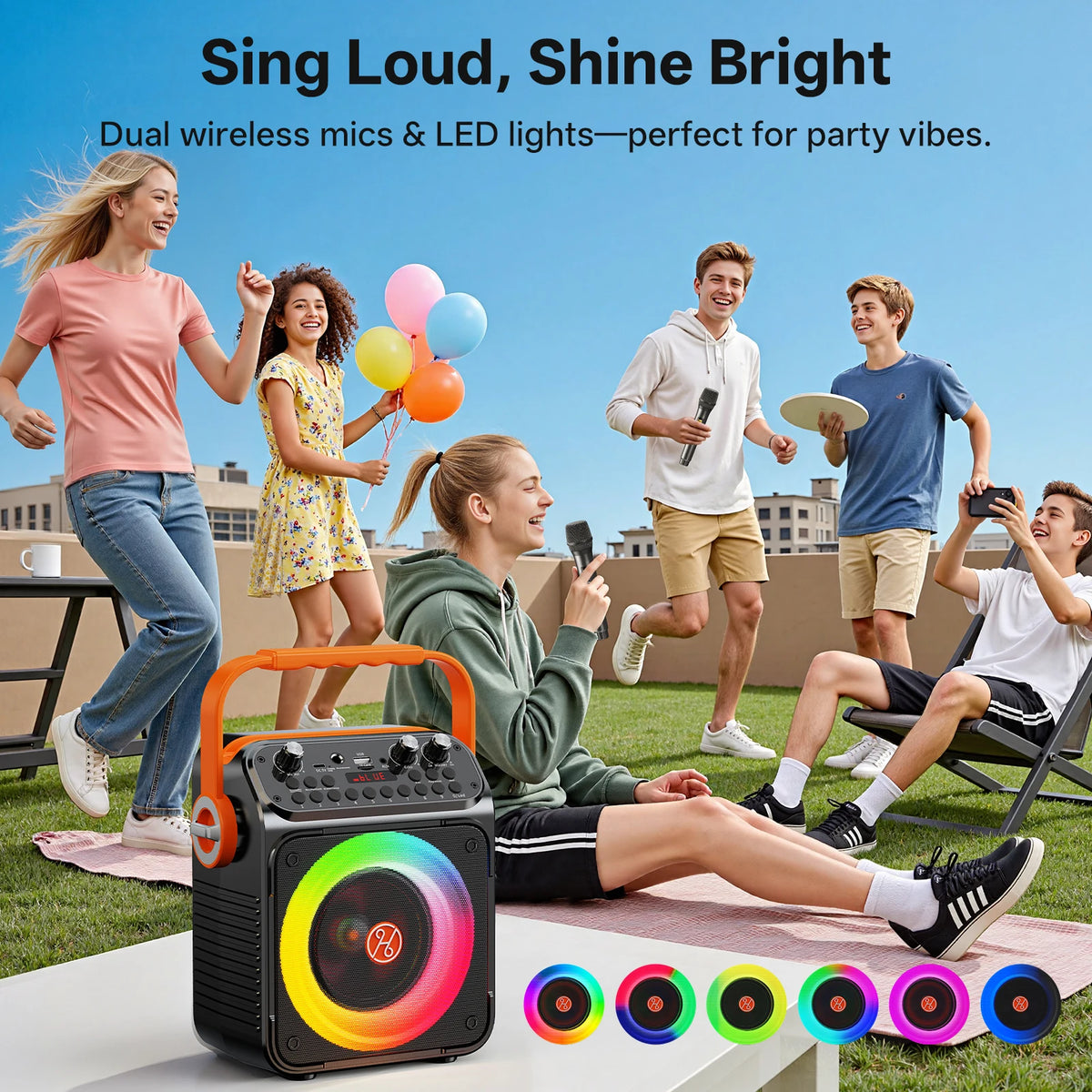 FanFun Bluetooth Karaoke Speaker With Rhythm Lights And Dual Microphones