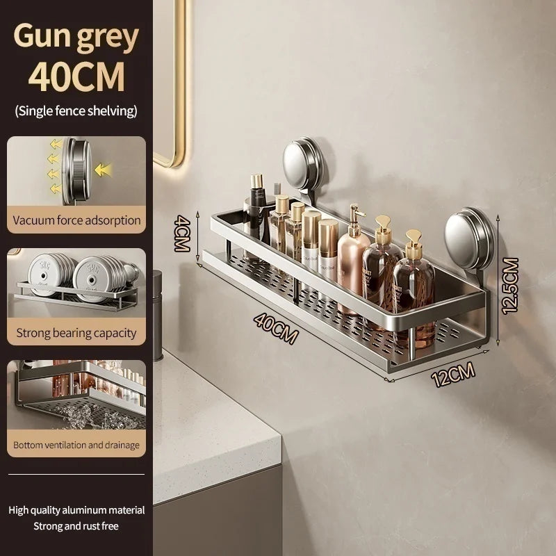 No Drill Aluminum Bathroom Shelf With Suction Cup Wall Mount