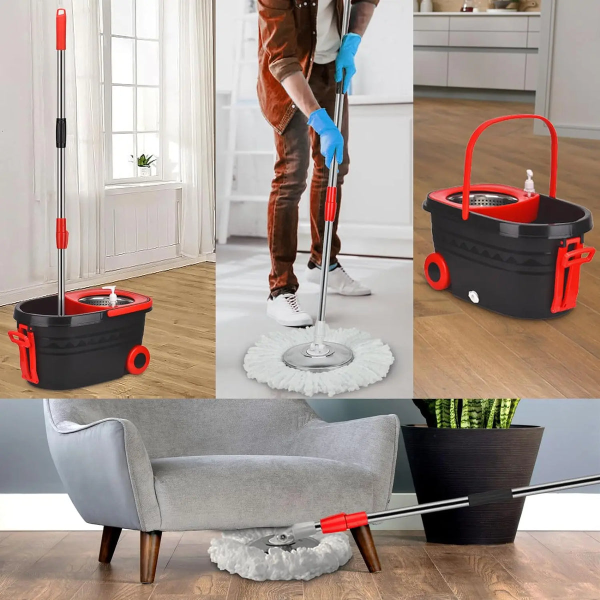 Spin Mop Bucket Set With Wringer, Wheels And Replacement Refills