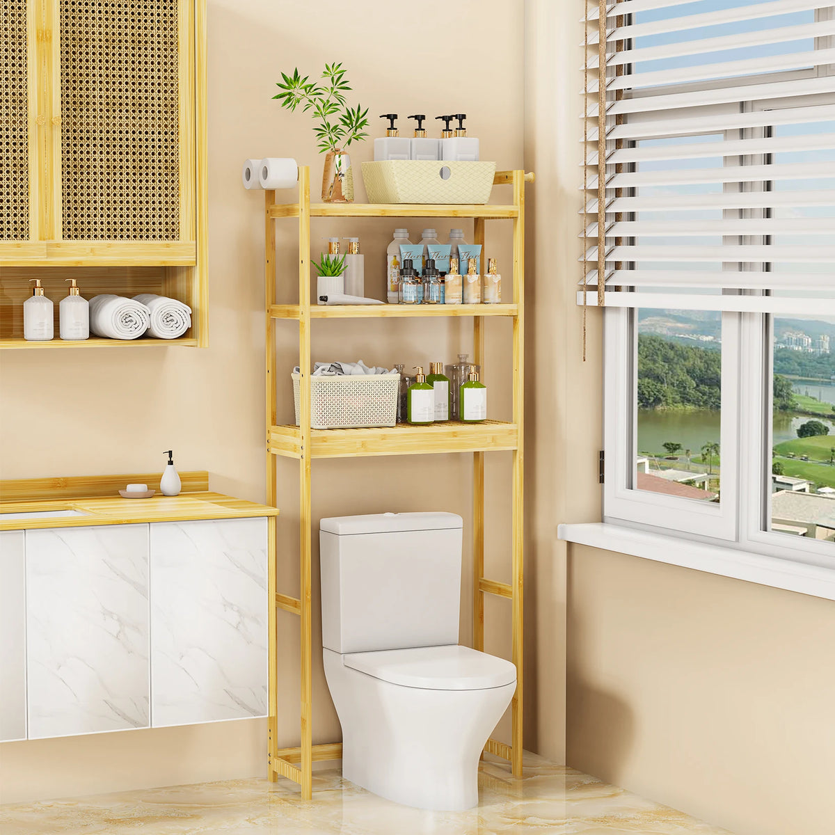 Bamboo Over Toilet Storage Shelf Organizer for Bathroom and Laundry Room