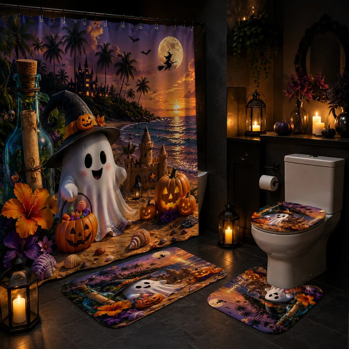 Tropical Halloween Ghost Shower Curtain Set With Hooks And Cover