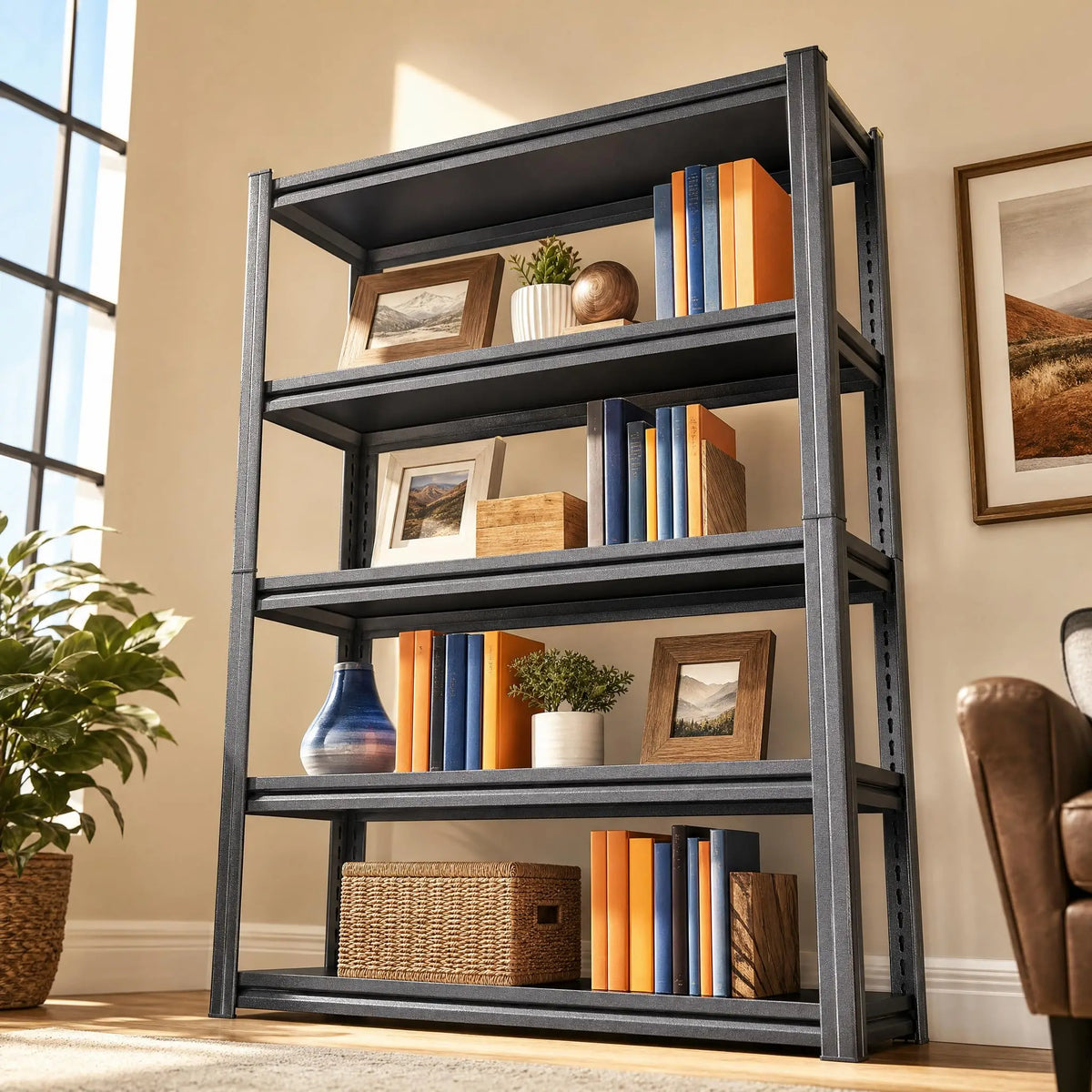 Bolt-Free Heavy-Duty Metal Bookshelf With Adjustable Shelves Anti-Tip Anchors