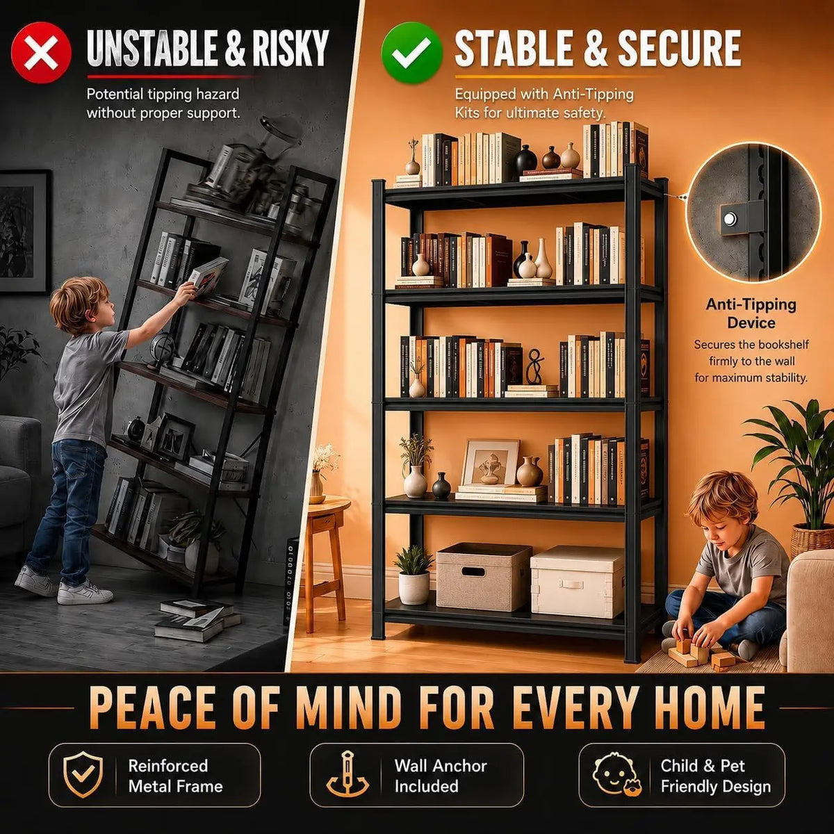 Bolt-Free Heavy-Duty Metal Bookshelf With Adjustable Shelves Anti-Tip Anchors