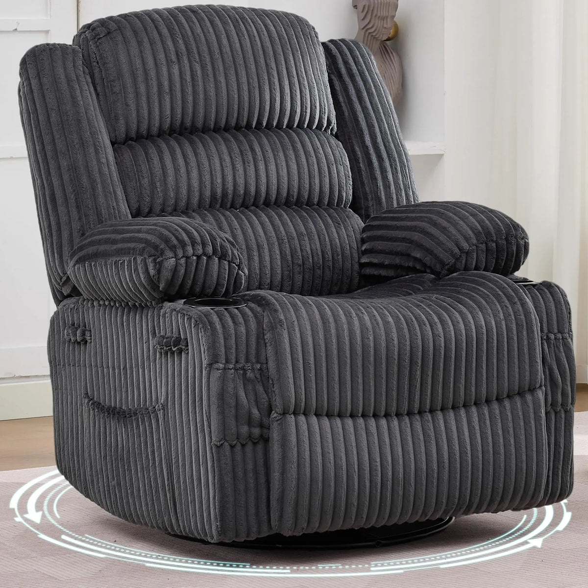Studyset Corduroy Swivel Glider Recliner Chair With Cup Holder