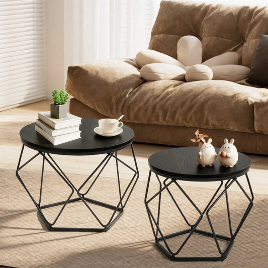 JHK Round Geometric Nesting Coffee Table Set With Hidden Storage
