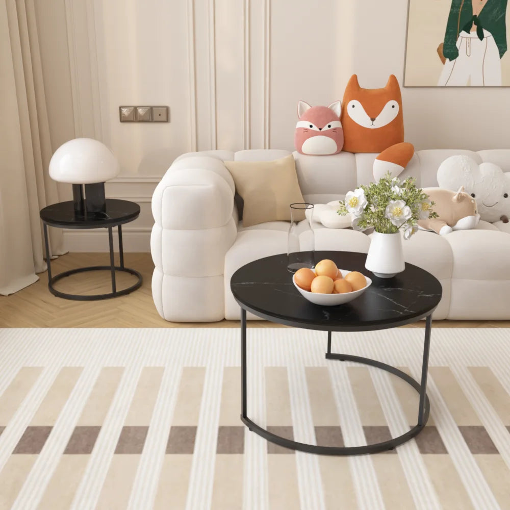 Orraves Round Nesting Coffee Table Set With Marble Pattern Tops