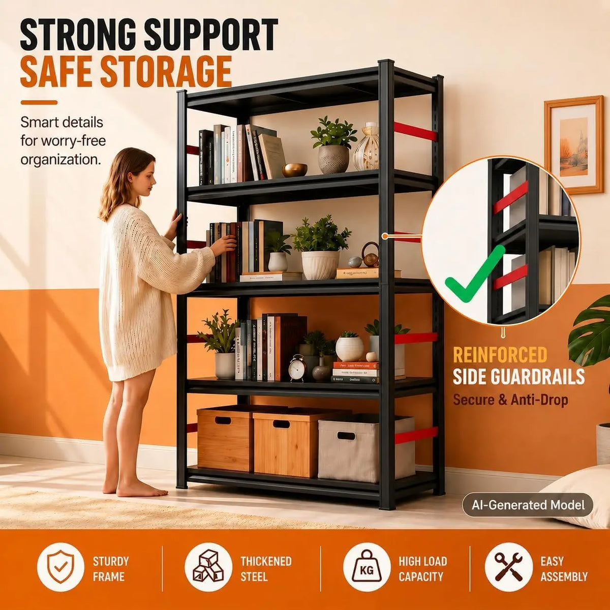 Bolt-Free Heavy-Duty Metal Bookshelf With Adjustable Shelves Anti-Tip Anchors