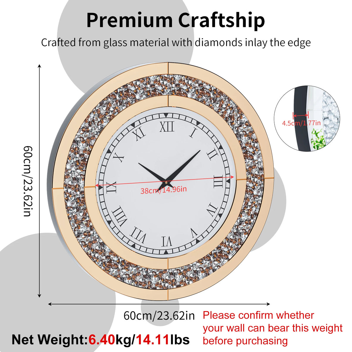 Decorative Mirrored Wall Clock With Silver Crushed Diamond Inlay