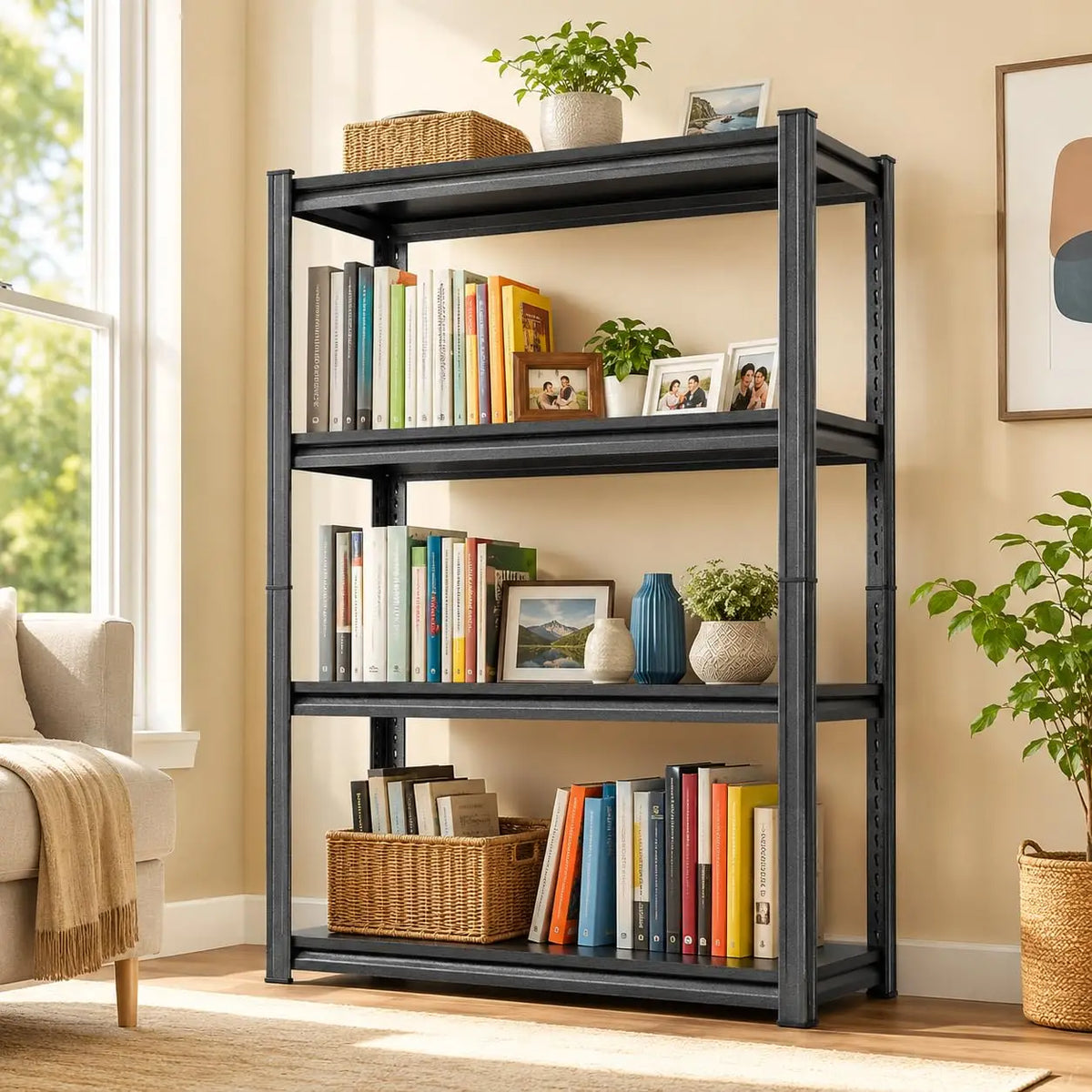 Bolt-Free Heavy-Duty Metal Bookshelf With Adjustable Shelves Anti-Tip Anchors