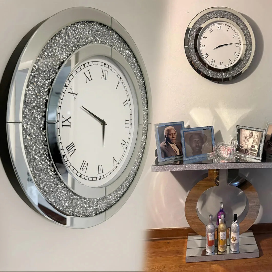 Decorative Mirrored Wall Clock With Silver Crushed Diamond Inlay