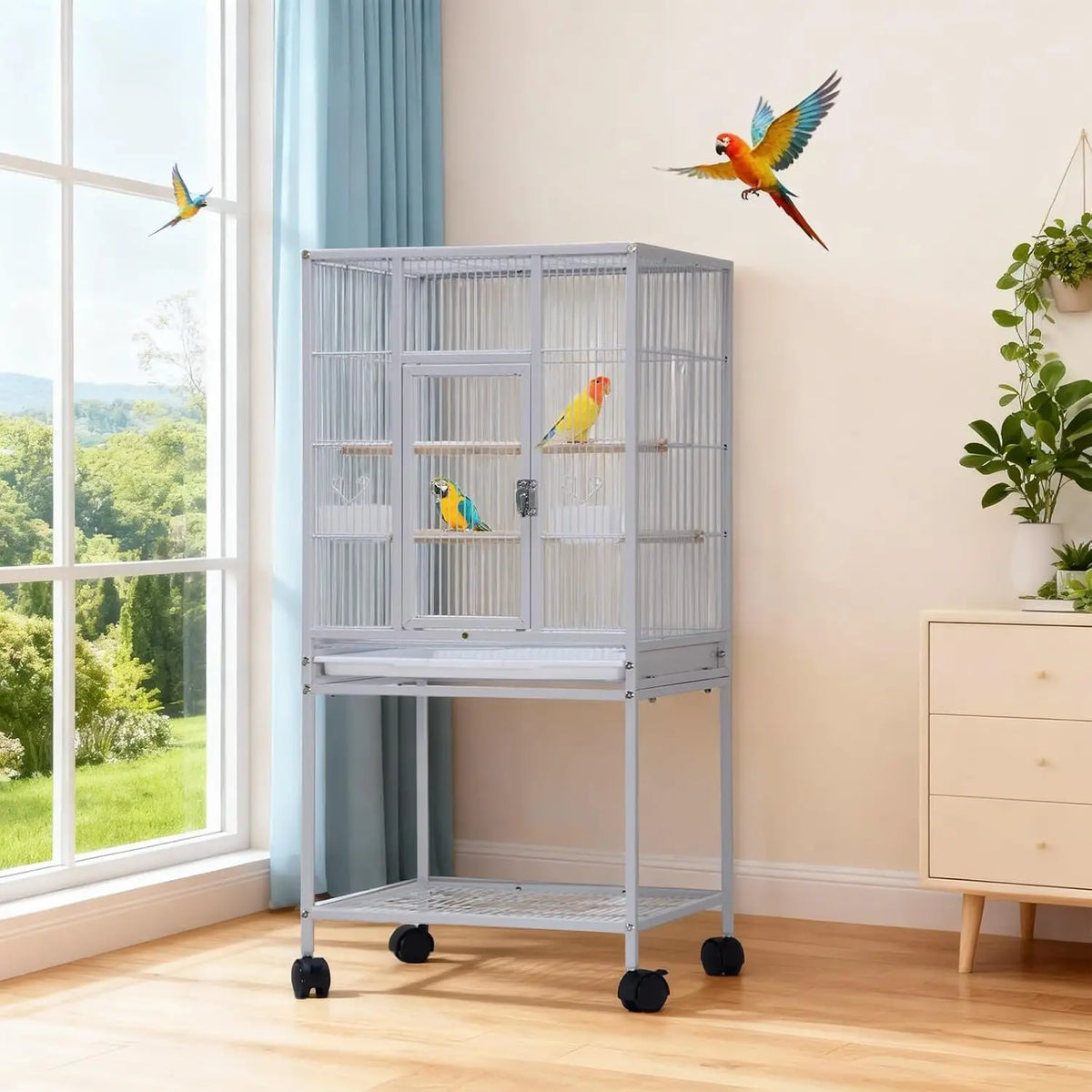 Tacleekii Rolling Bird Cage With Perches And Storage Shelf