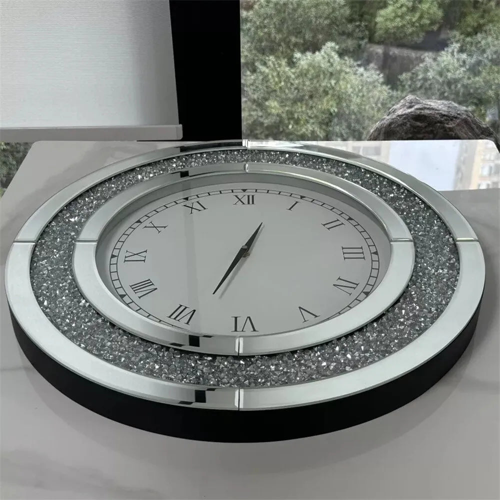 Decorative Mirrored Wall Clock With Silver Crushed Diamond Inlay