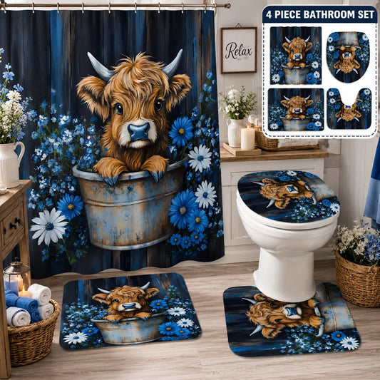 Highland Cow Rustic Farmhouse Bathroom Shower Curtain Set With Hooks