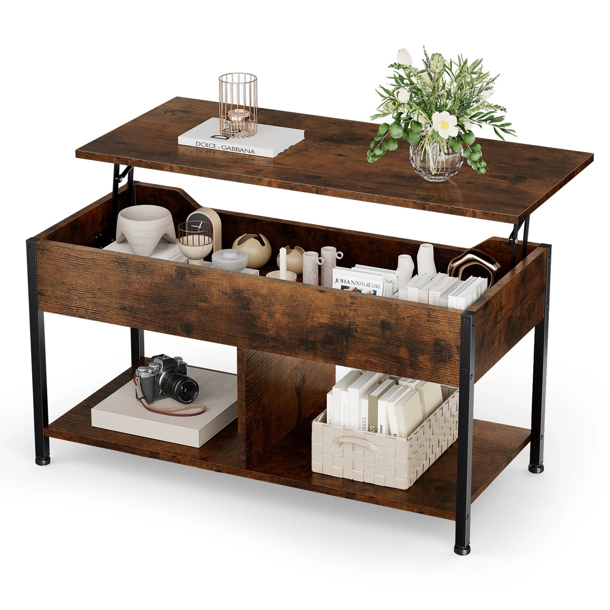 MCQ Adjustable Lift Top Coffee Table With Wood Storage Shelves