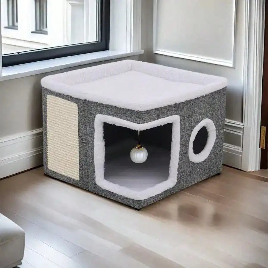 Foldable Indoor Cat House With Soft Cushion And Hanging Balls