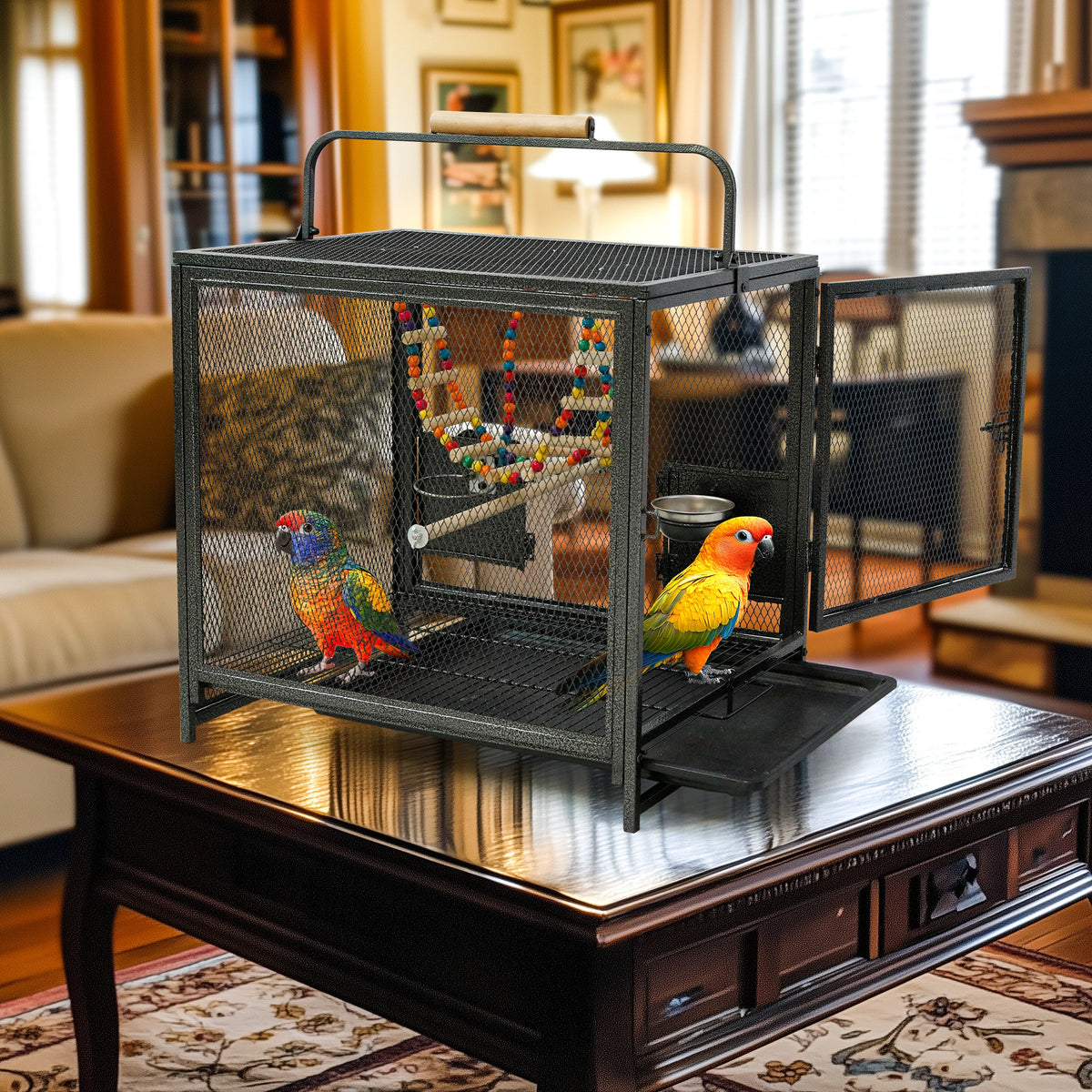 Wrought Iron Bird Travel Carrier Cage with Handle Wooden Perch