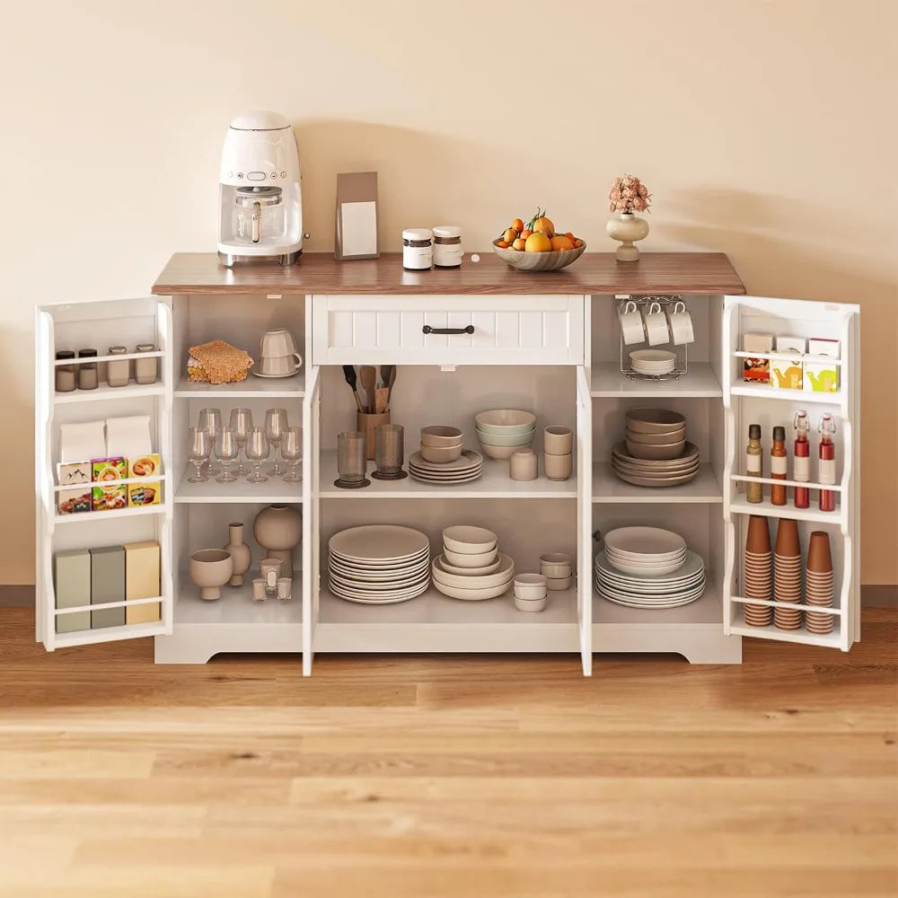 Rustic Kitchen Coffee Bar Cabinet With Storage Drawers And Pantry