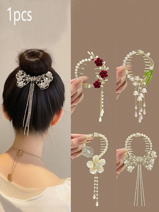 Chic Floral Tassel Bun Holder Clip With Pearls And Rhinestones