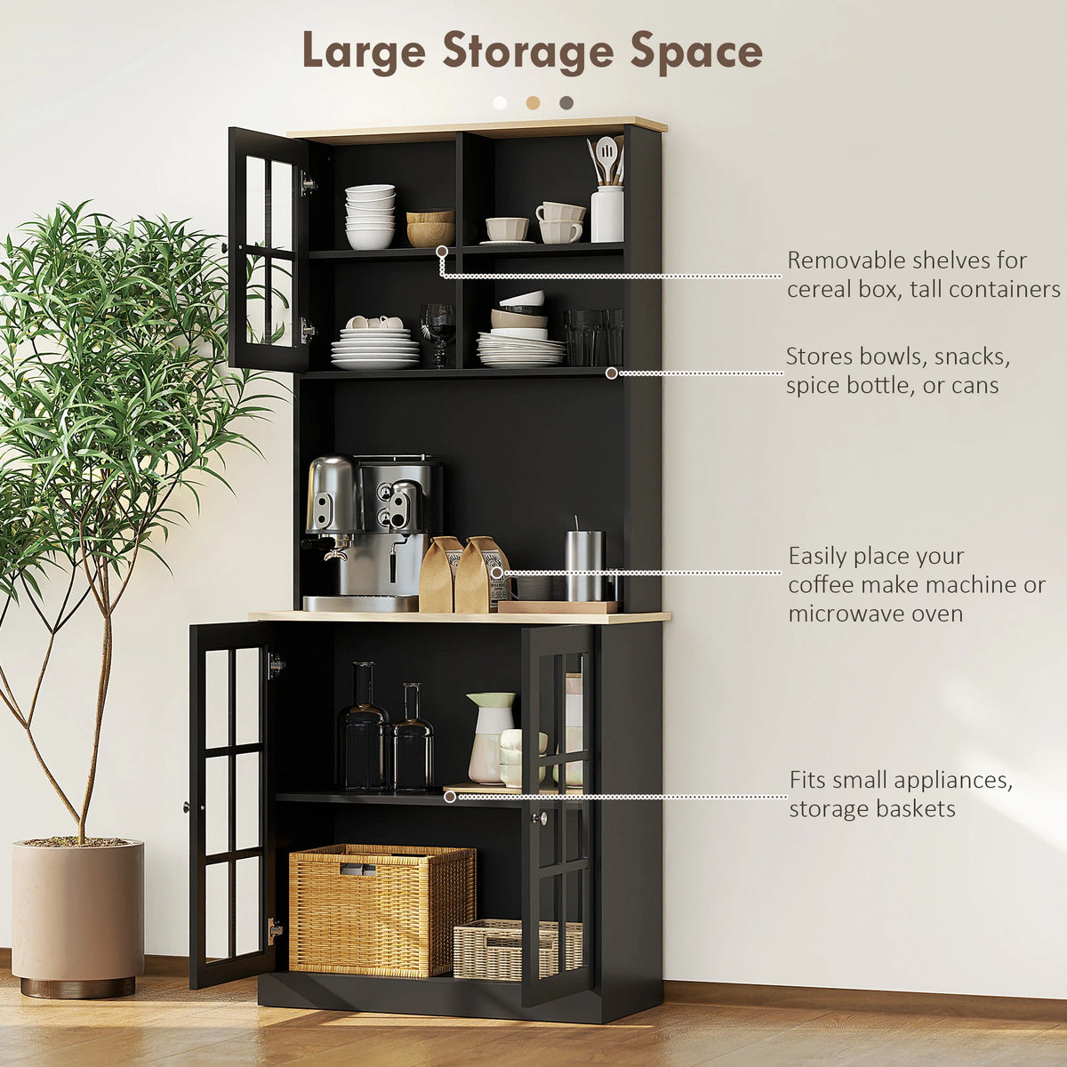 Homcom Kitchen Pantry Cabinet With Glass Doors And Adjustable Shelves
