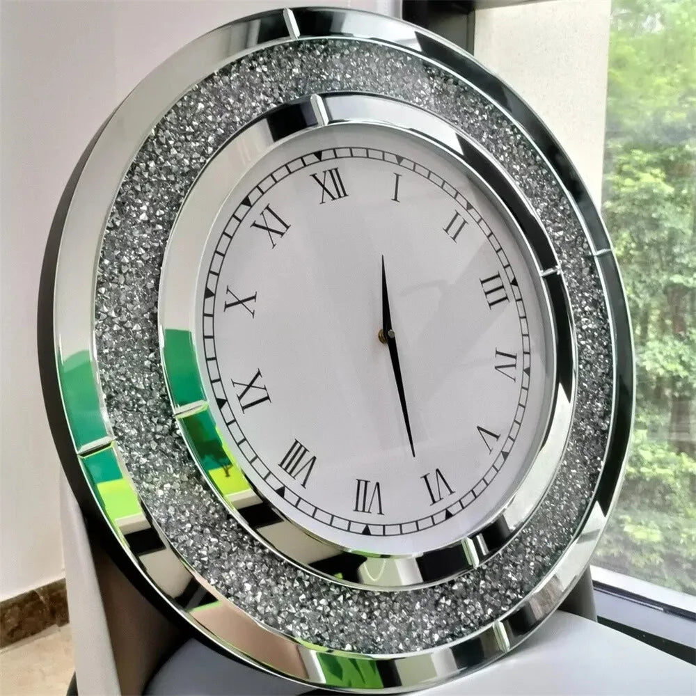 Decorative Mirrored Wall Clock With Silver Crushed Diamond Inlay