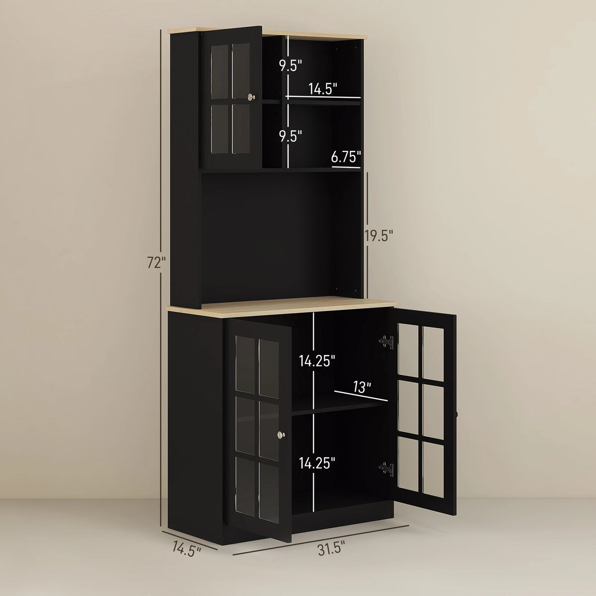 Homcom Kitchen Pantry Cabinet With Glass Doors And Adjustable Shelves