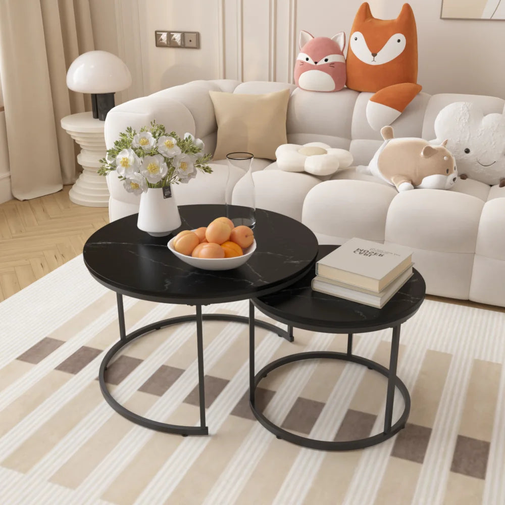 Orraves Round Nesting Coffee Table Set With Marble Pattern Tops