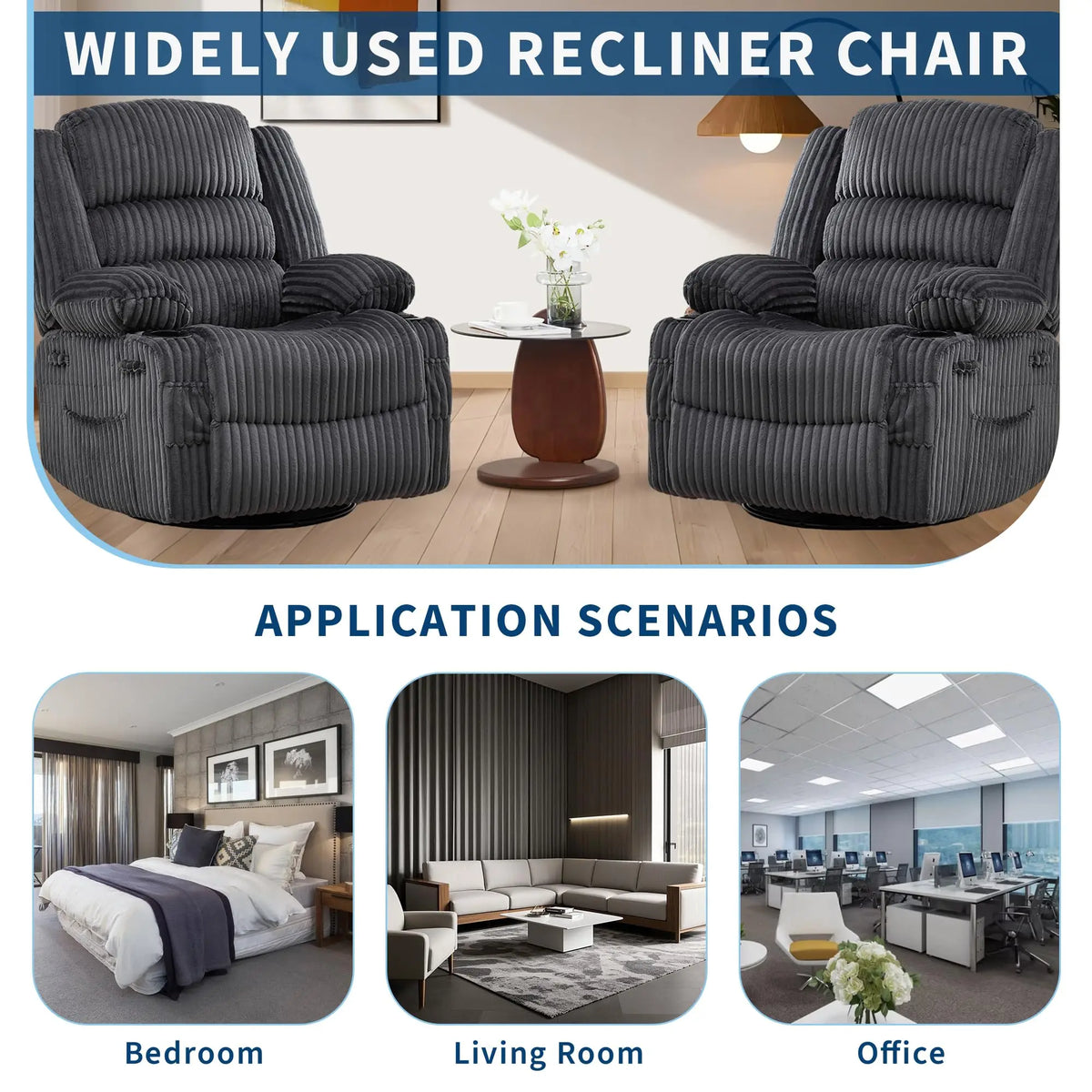 HiMISS Swivel Rocking Recliner Chair With Cup Holder Corduroy Glider