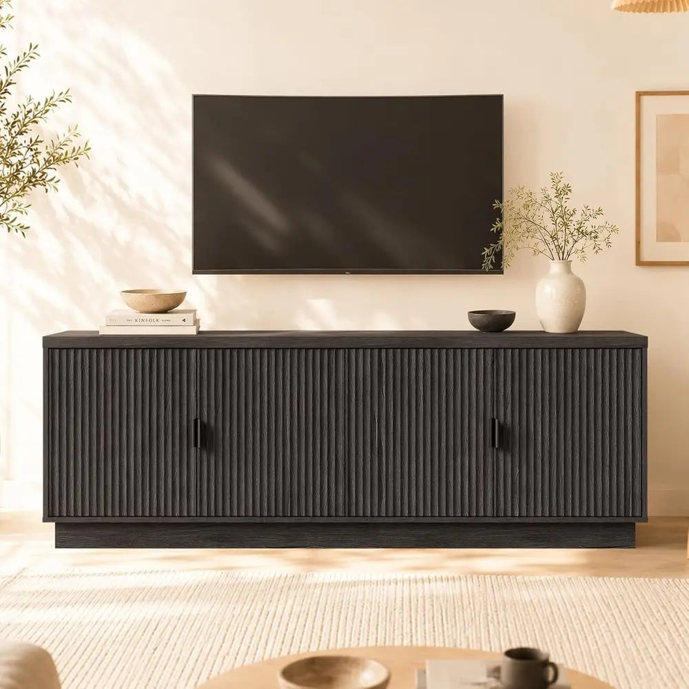 Modern Fluted TV Stand With Adjustable Shelves And Storage Cabinets
