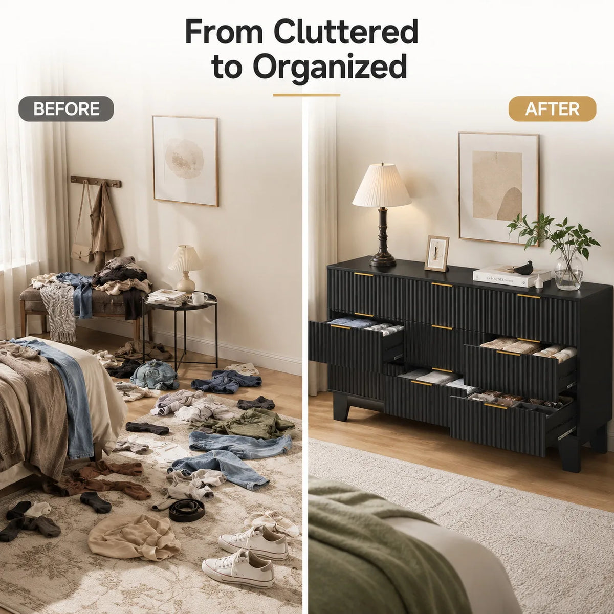 Modern Fluted Nine Drawer Wooden Dresser With Metal Handles