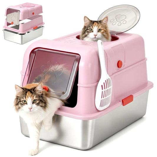 Studyset Enclosed Stainless Steel Cat Litter Box With Scoop