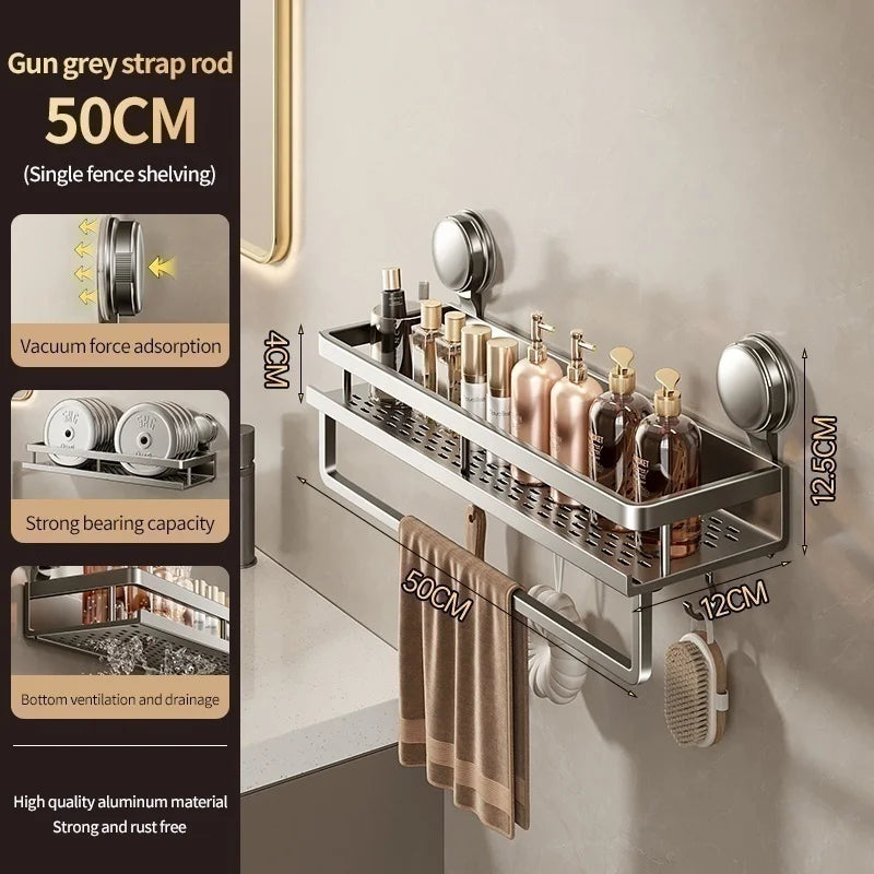 No Drill Aluminum Bathroom Shelf With Suction Cup Wall Mount