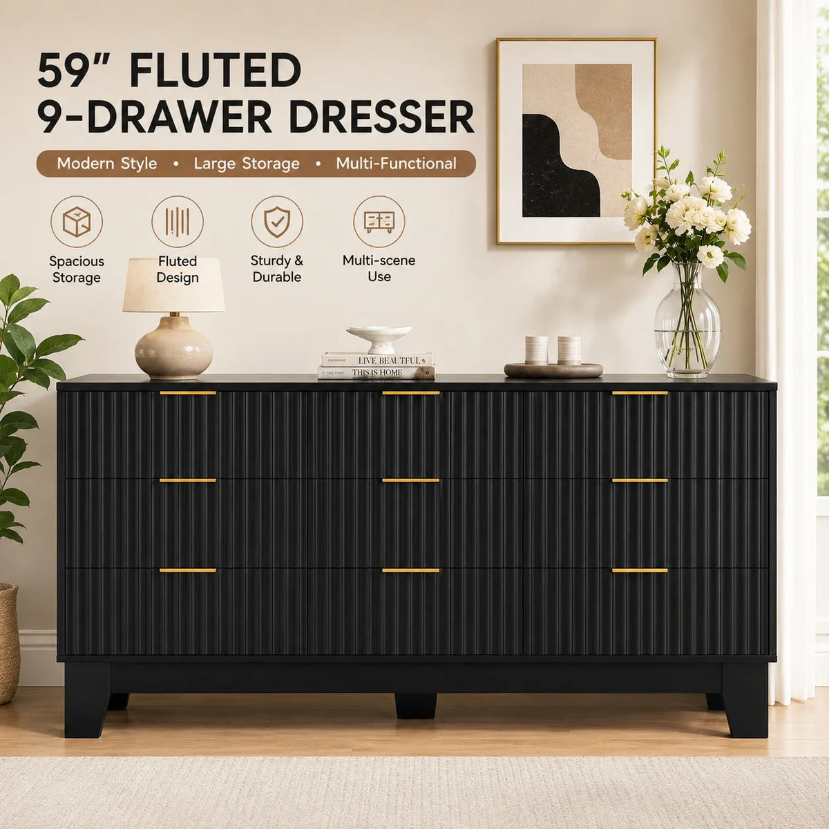 Modern Fluted Nine Drawer Wooden Dresser With Metal Handles