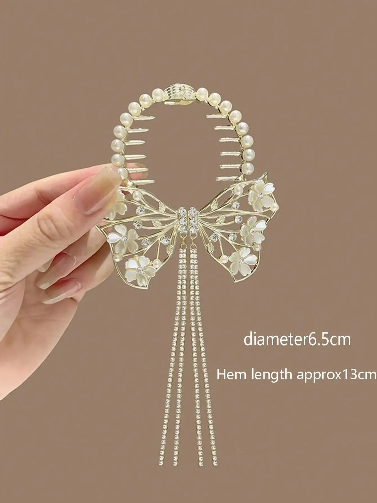 Chic Floral Tassel Bun Holder Clip With Pearls And Rhinestones