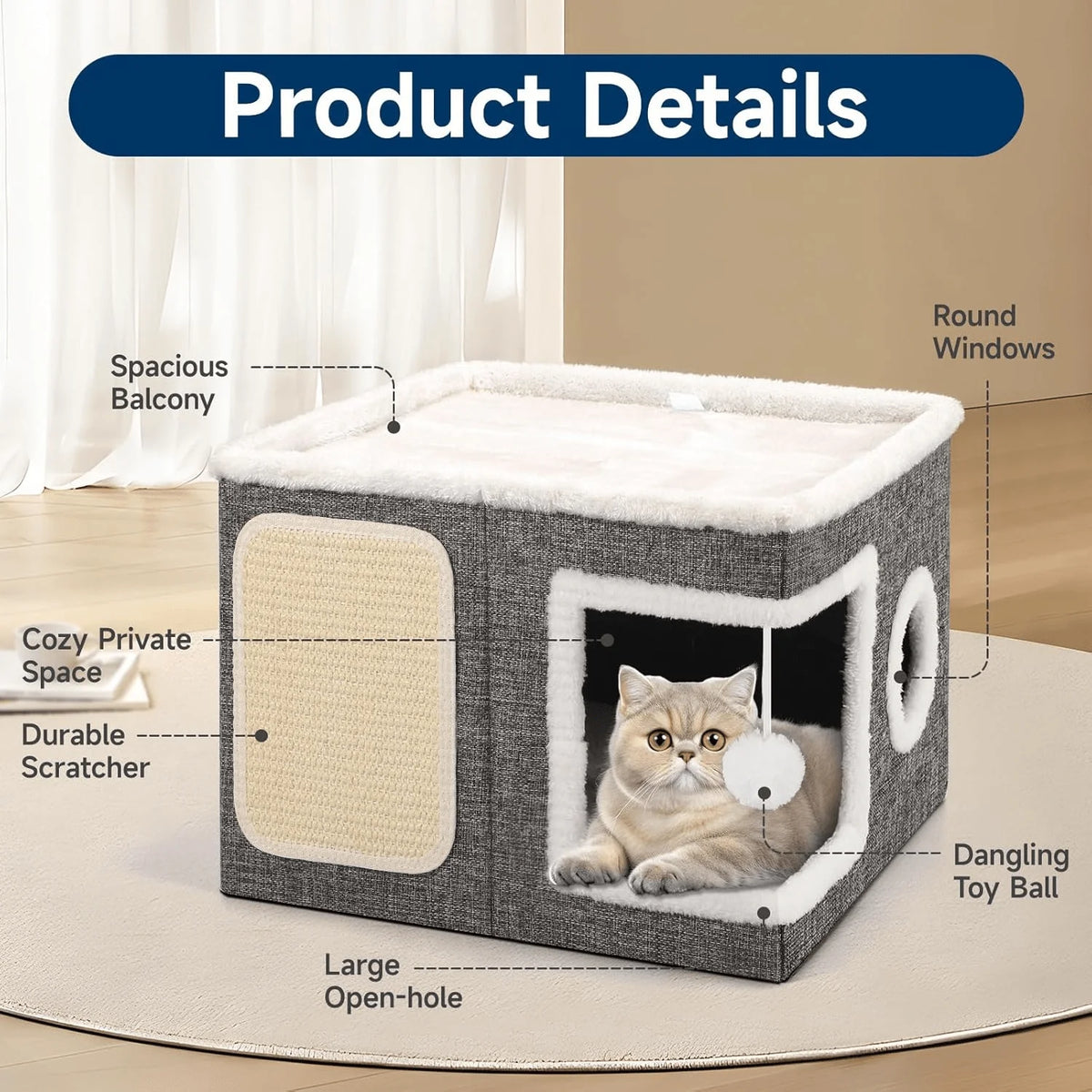 Foldable Indoor Cat House With Soft Cushion And Hanging Balls