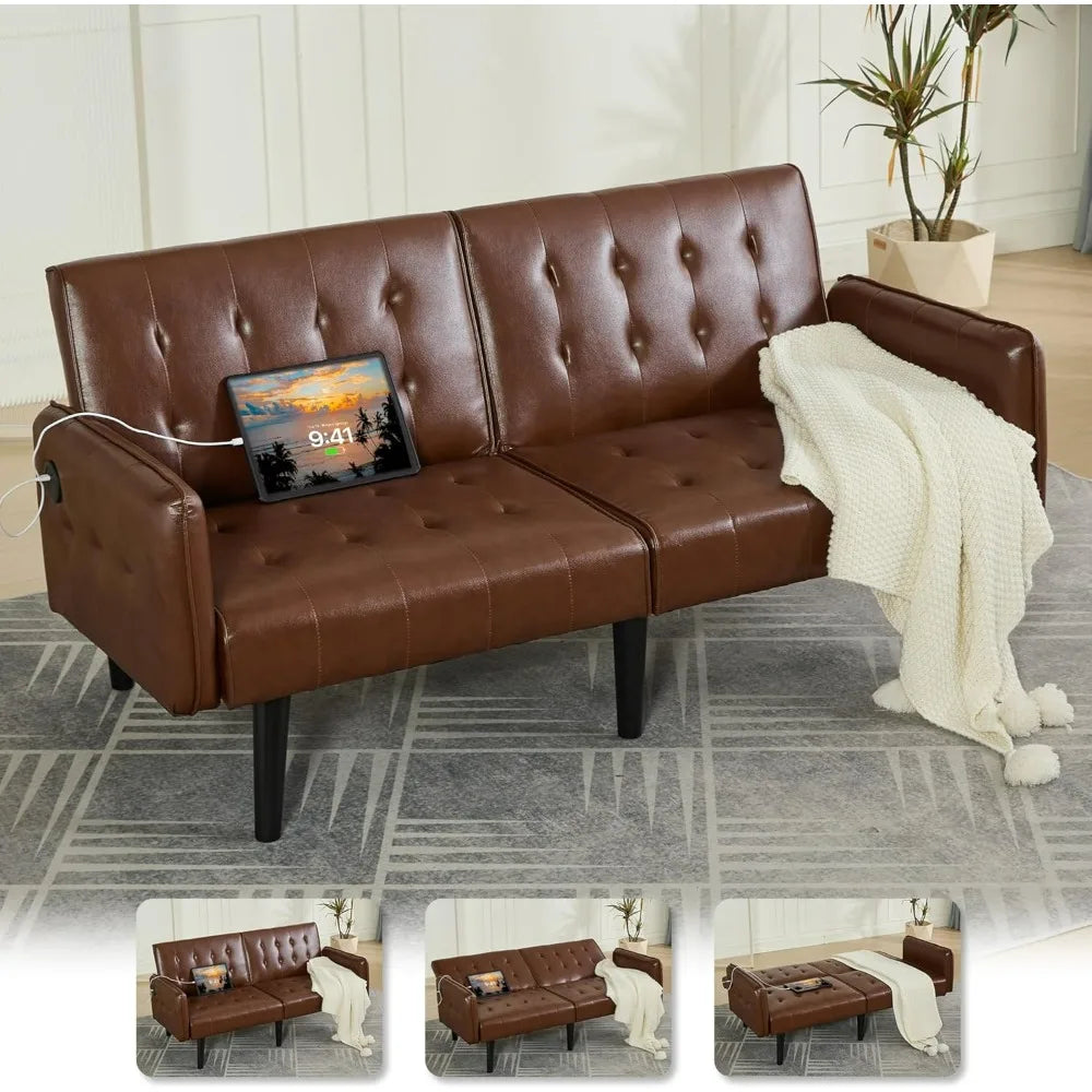 Modern Faux Leather Futon Sofa Bed Featuring Usb Ports Technology