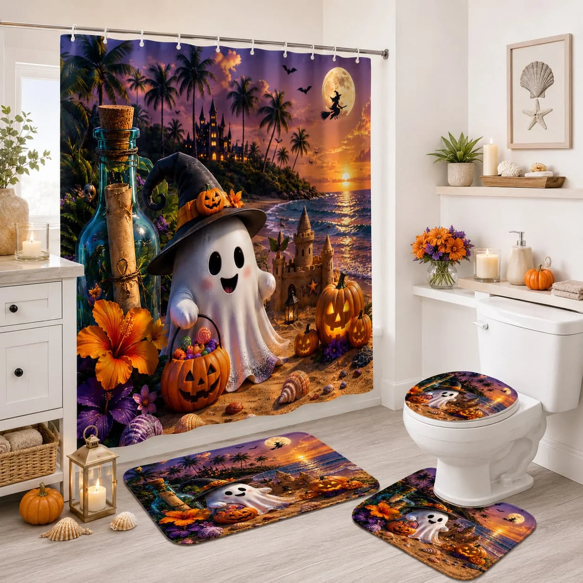 Tropical Halloween Ghost Shower Curtain Set With Hooks And Cover