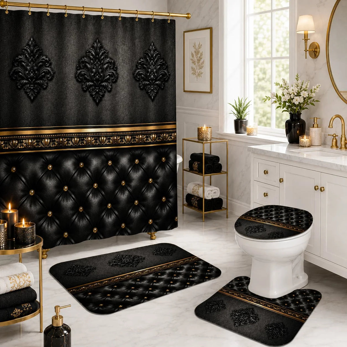 Baroque Elegance Polyester Shower Curtain Set With Bathroom Accessories