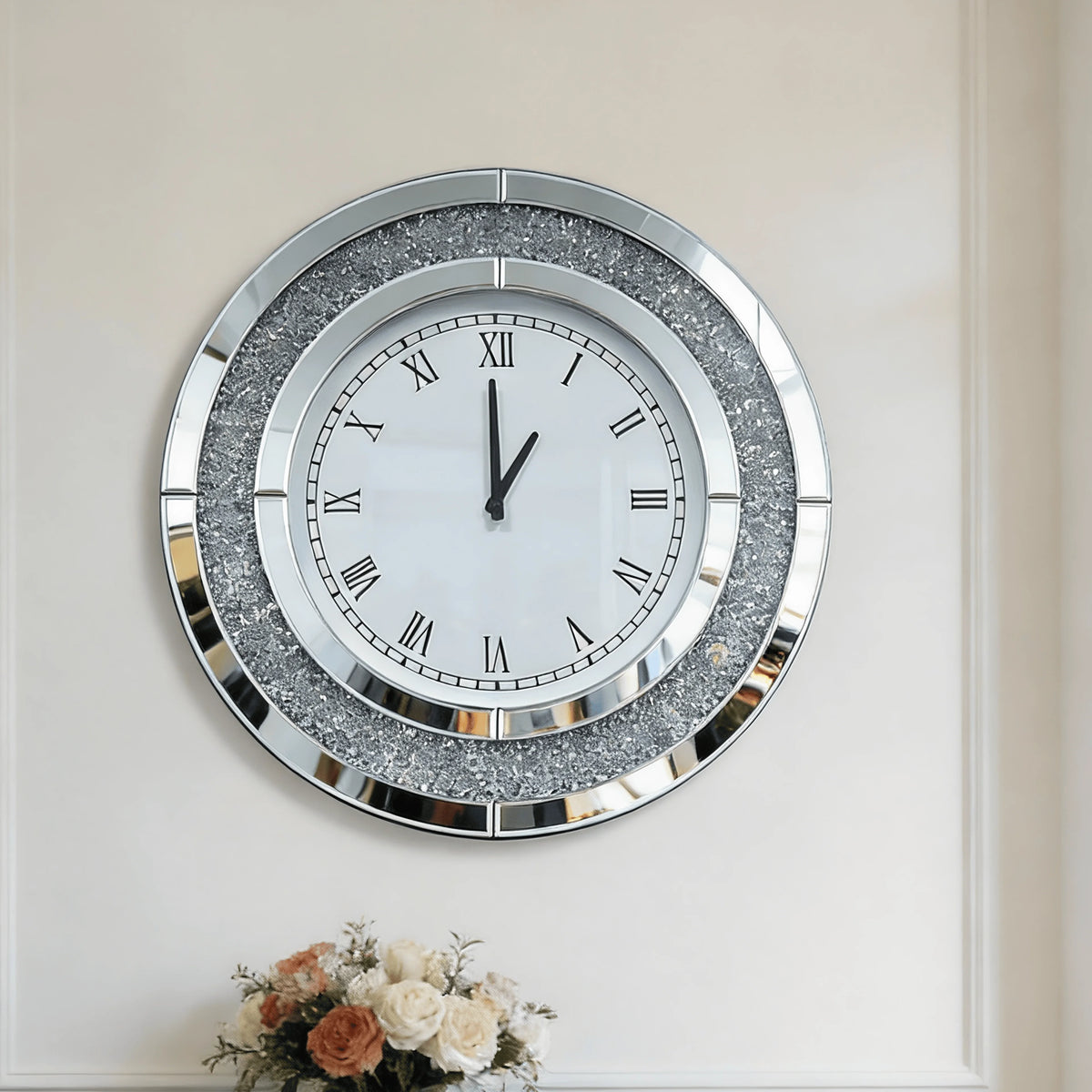Decorative Mirrored Wall Clock With Silver Crushed Diamond Inlay